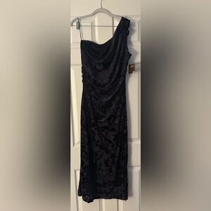 NWT Taylor Navy Blue Velvet Burnout Floral Maxi One Shoulder Dress Size 14